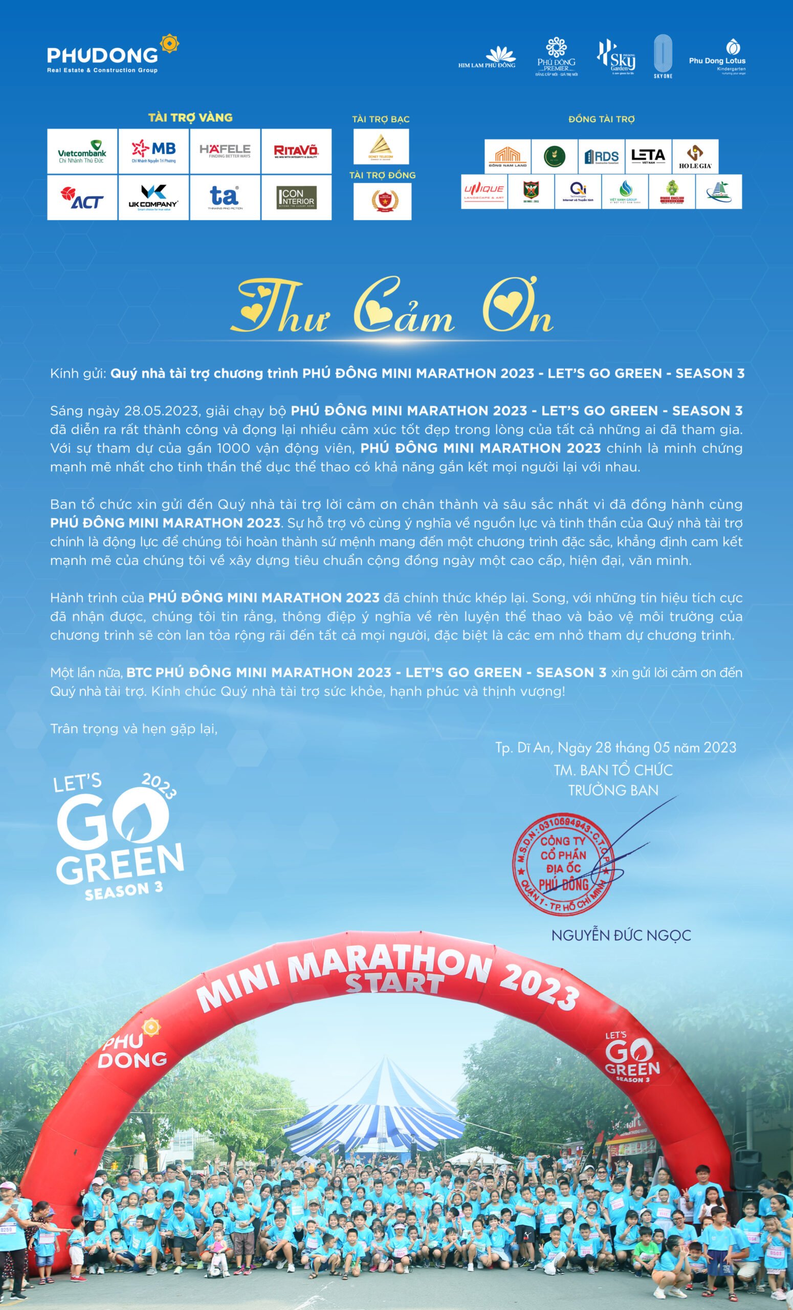 THƯ CẢM ƠN QUÝ NHÀ TÀI TRỢ ĐÃ ĐỒNG HÀNH CÙNG PHÚ ĐÔNG MINI MARATHON – LET’S GO GREEN 2023